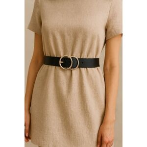 Halogen Black Genuine Leather Belt for Women Size S Double Ring Gold Buckle